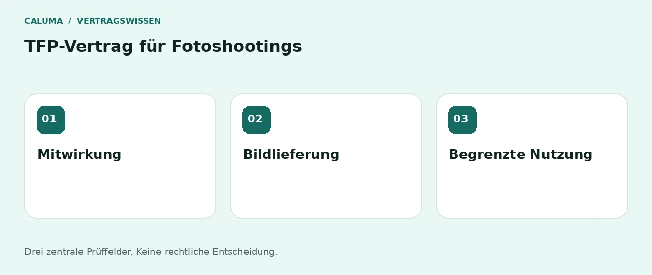 TFP-Vertrag für Fotoshootings: Mitwirkung, Bildlieferung, Begrenzte Nutzung